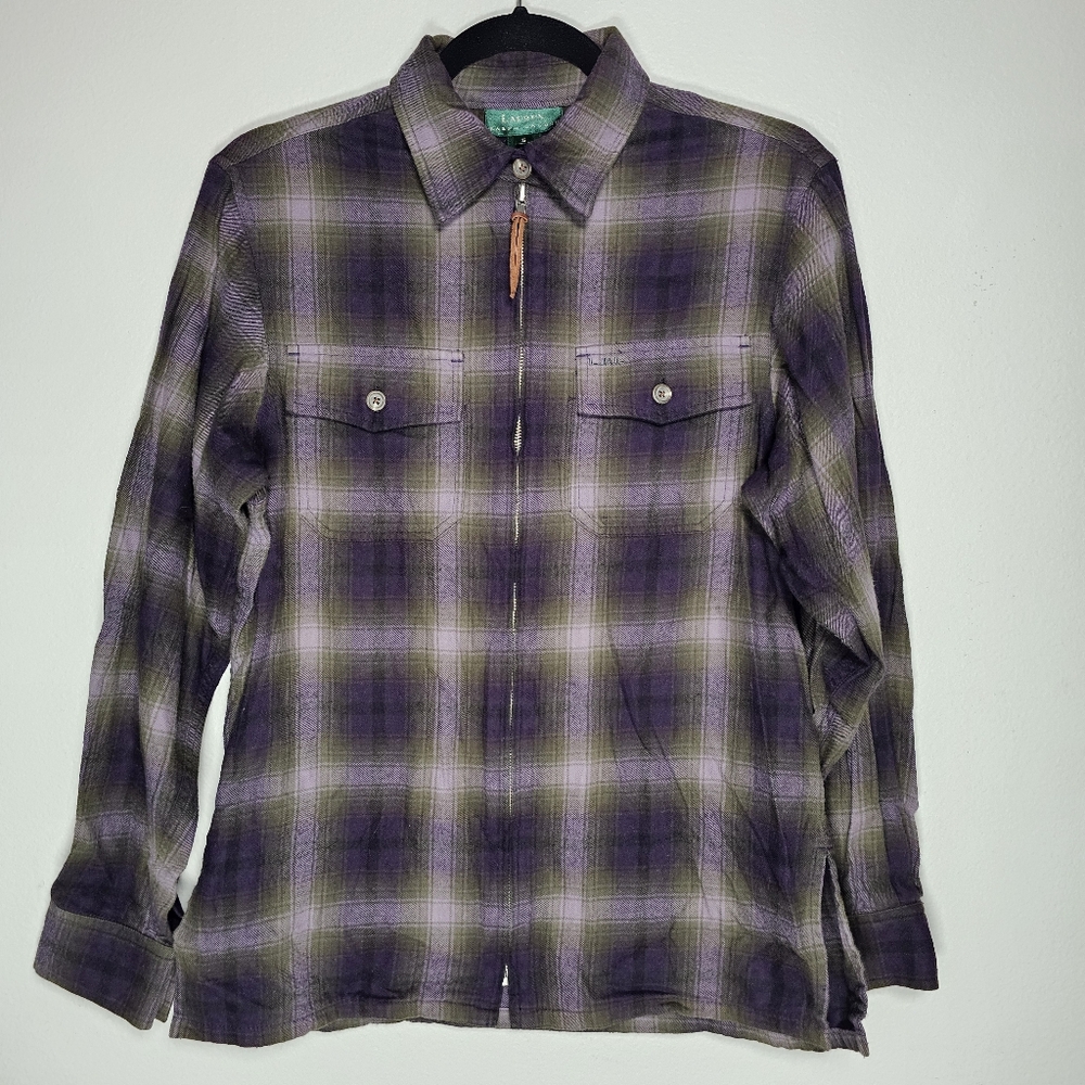 Ralph Lauren Womens Small Purple Plaid Flannel Shirt Full Zip Lumberjack Outdoor